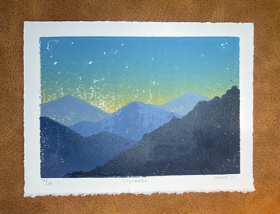 Colorado Rocky Mountains linocut reduction print by Maxie Safdie.